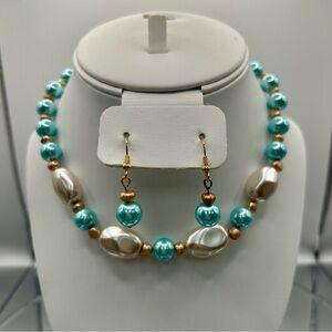 Freshwater Little Tan Pearls, Powdered Blue Faux Pearls Necklace & Earring Set